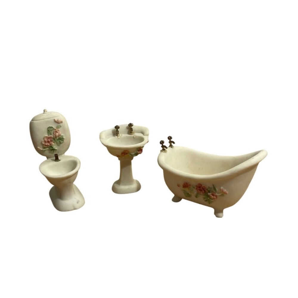 Athena Miniature Doll House Furniture Floral Porcelain Bath Set Tub Sink Toilet